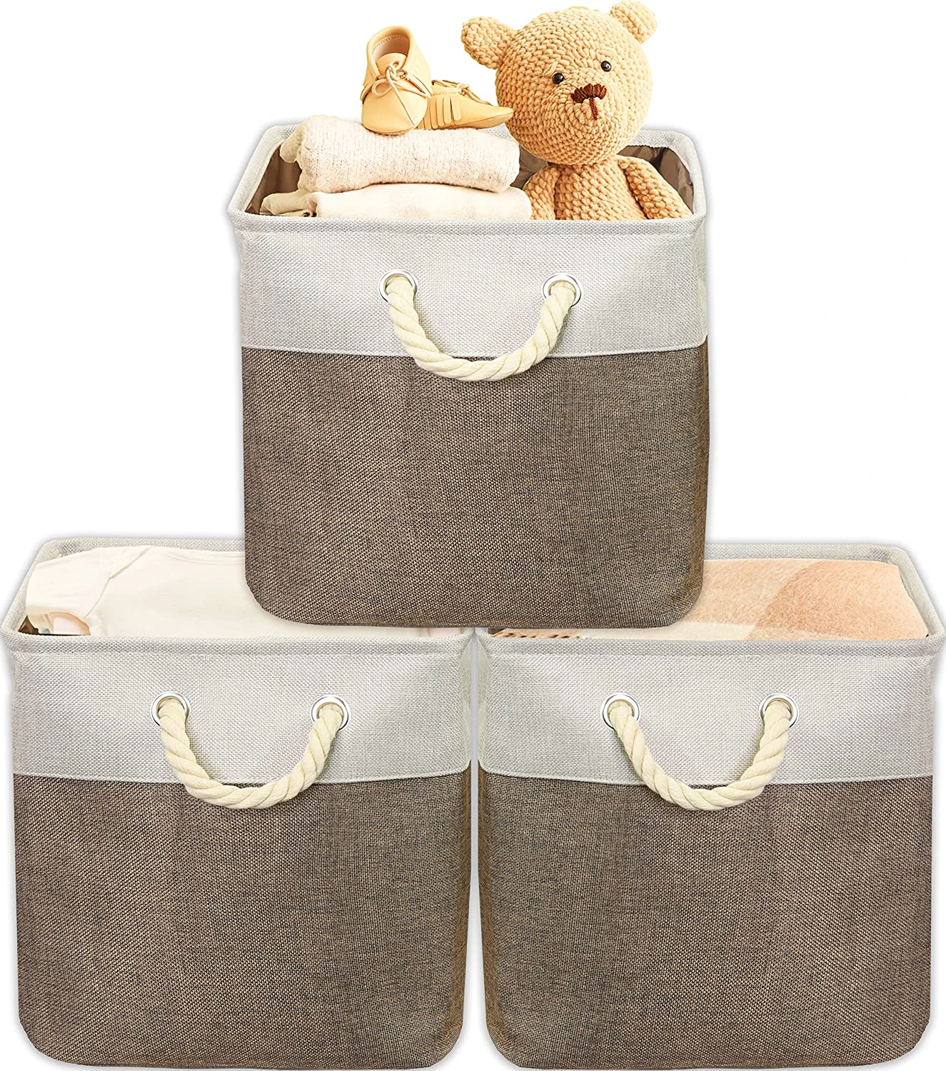 [3-Pack] Collapsible Storage Bins Basket Foldable Canvas Fabric Tweed Storage Cubes Set - Gray/Beige