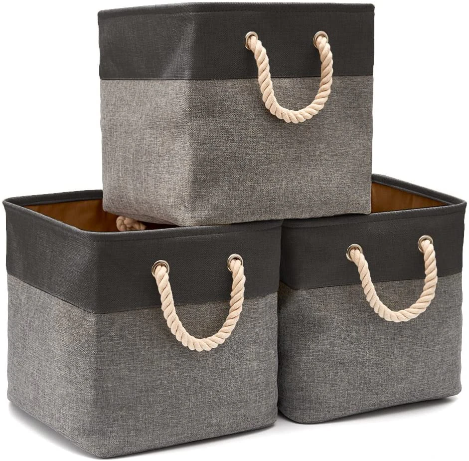 [3-Pack] Collapsible Storage Bins Basket Foldable Canvas Fabric Tweed Storage Cubes Set - Gray/Black