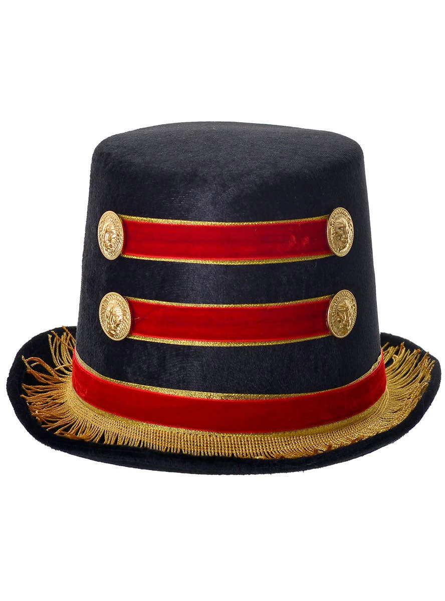 Tall Black Ringmaster Top Hat with Red and Gold Detail - New