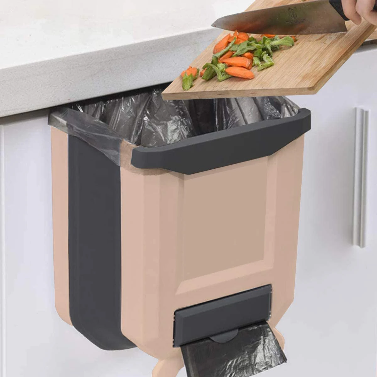 Kitchen Bin,Rubbish Bin Plastic Folding Wall Mounted for Cupboard Door Hanging Trash Can - Beige