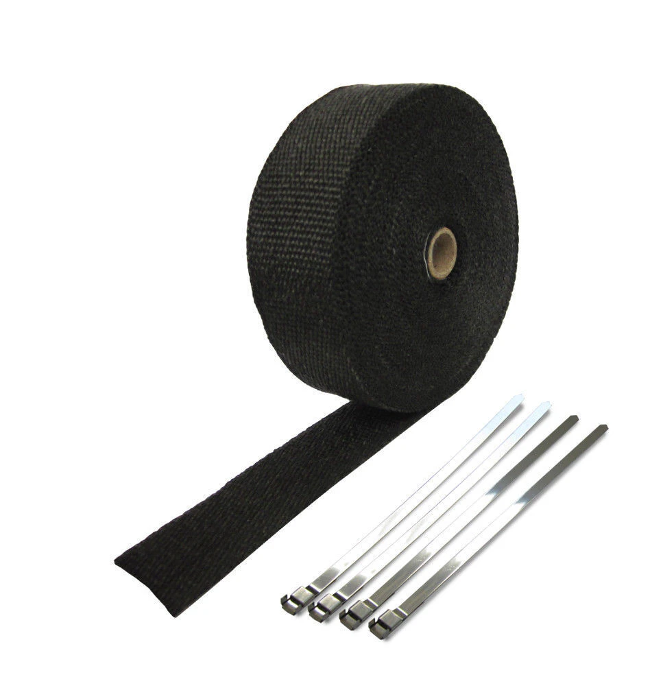 HEADER EXHAUST WRAP TAPE 2000 F Heat Protection Black 10m X 50mm + 6 Steel Ties