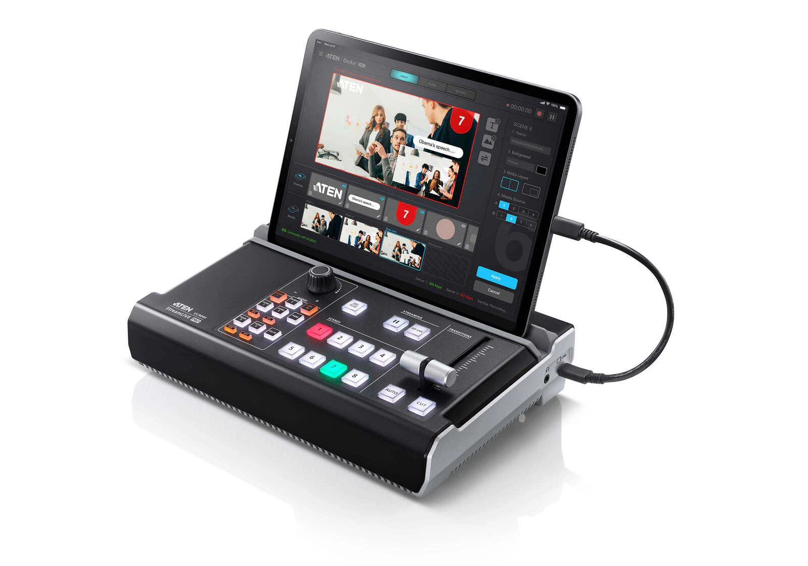 Aten UC9040 StreamLIVE PRO All-in-one Multi-channel AV Mixer. Preset up to 8 scenes, DVE video transition effects, a storyboard like management