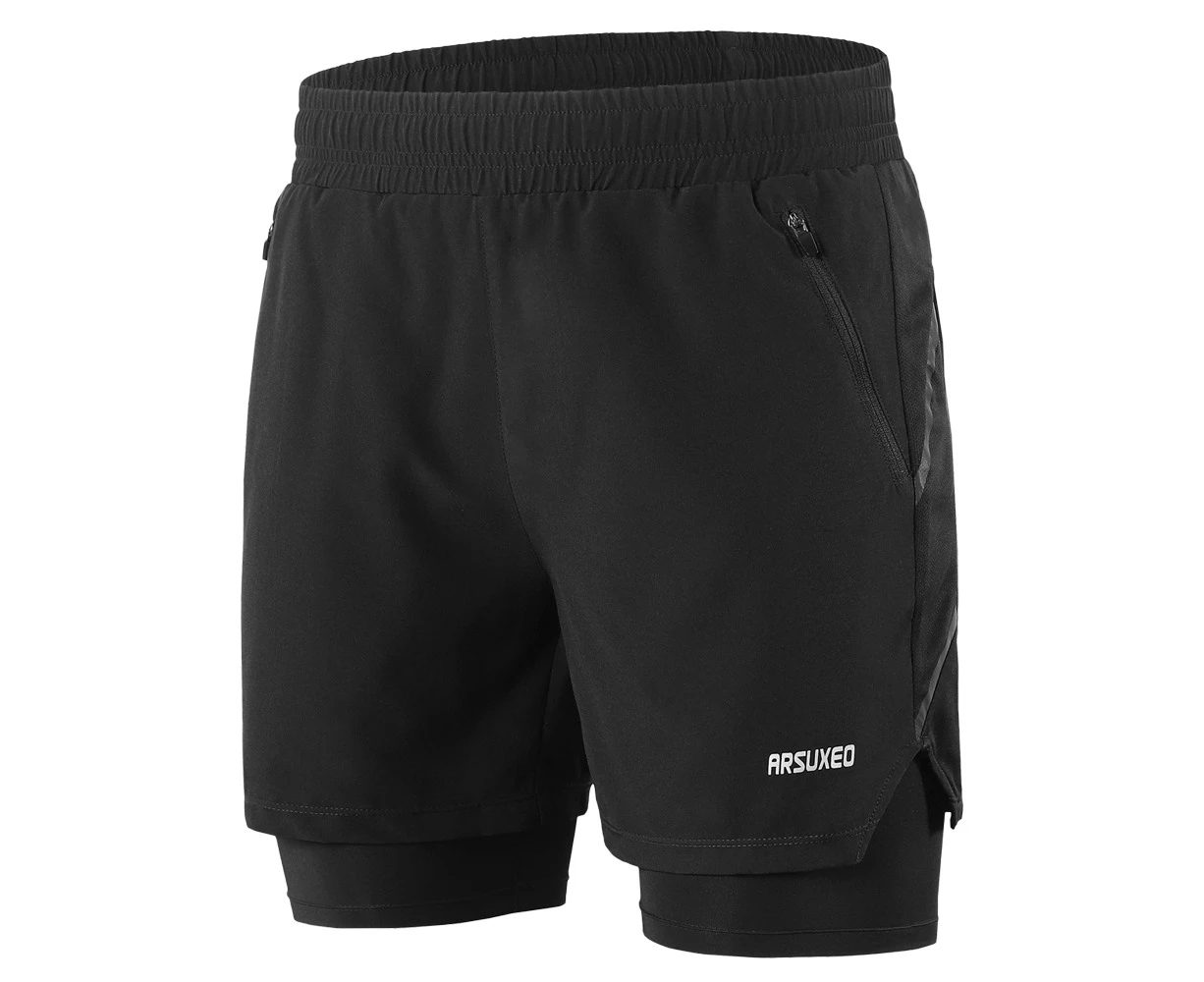 Men 2 in 1 Running Breathable Quick Drying Shorts - Black