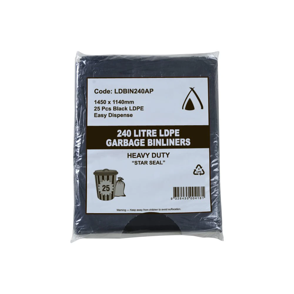 100 Pcs X 240L Black Garbage Bin Liners Ldpe X-Large Heavy Duty All Purpose Bags - Black