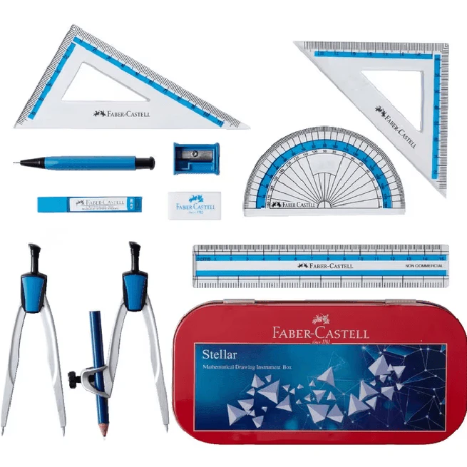 Faber Castell Stellar Geometry Set Maths Mathematics 11 Pieces Blue Compass Protractor