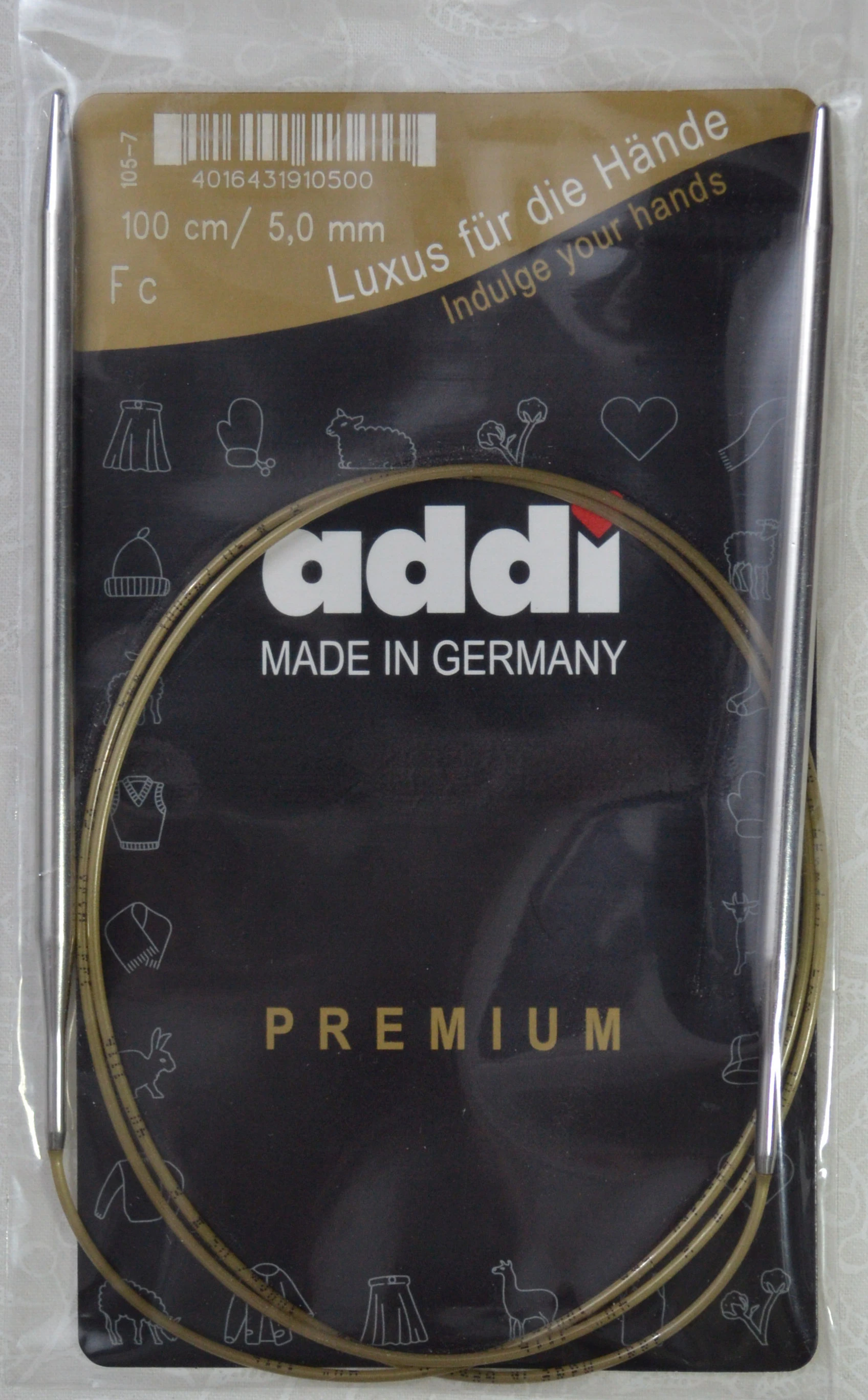 Addi Circular Knitting Needle 100cm x 5.00mm, Smooth White Brass Tips, Gold Cords