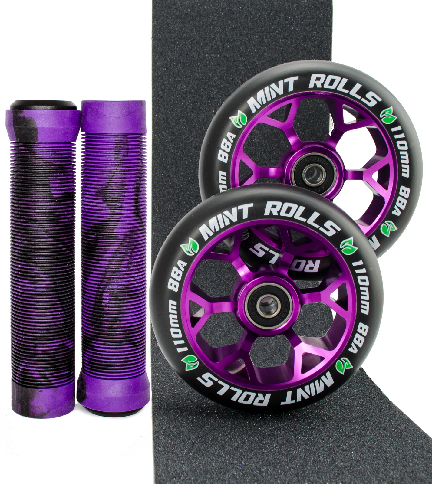 Mint Rolls 110mm Scooter Wheels Grips & Tape Pack Purple Black - Free Axles