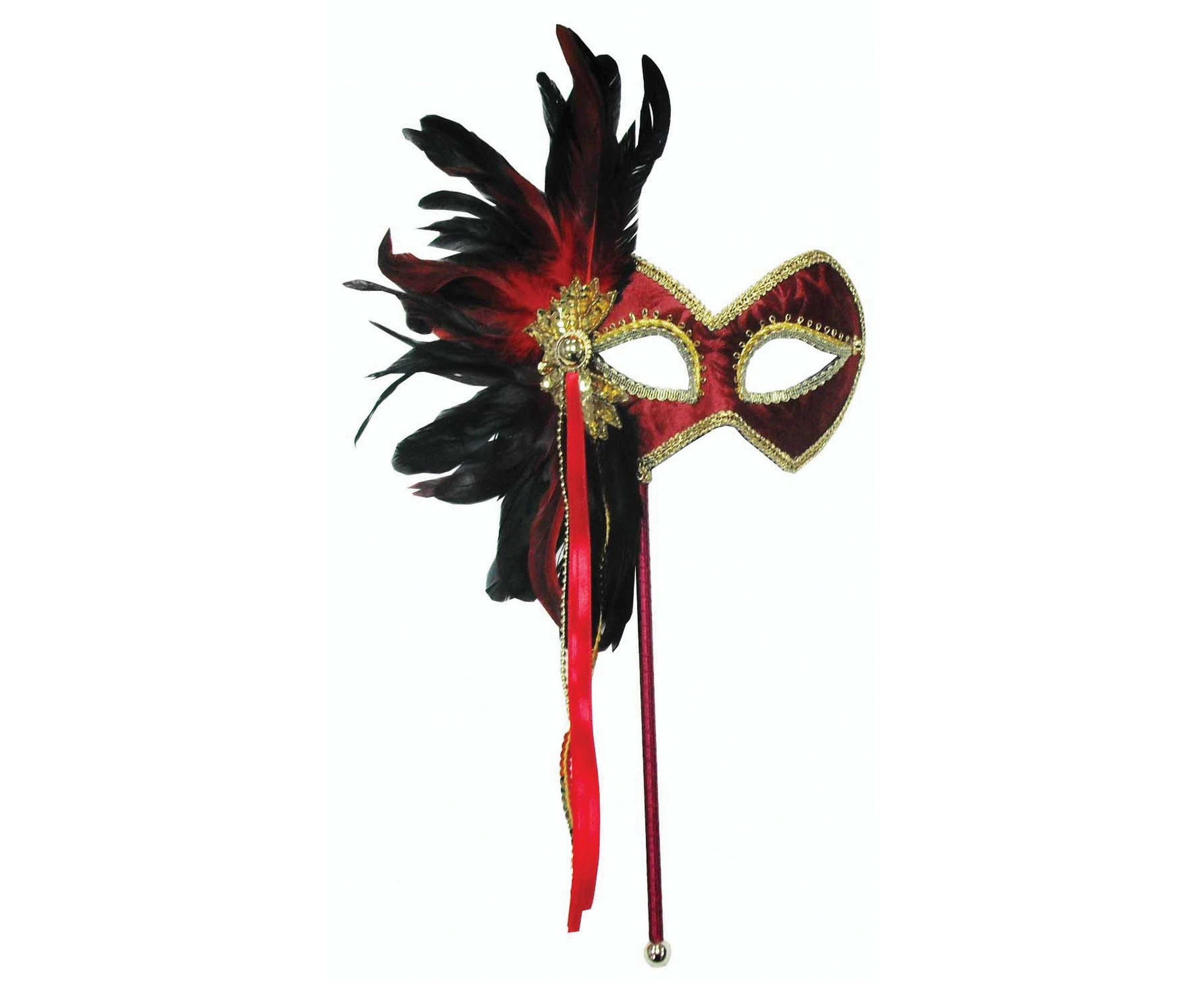 Bristol Novelty Womens Stick Mask And Feathers (Red/Gold/Black) - BN943