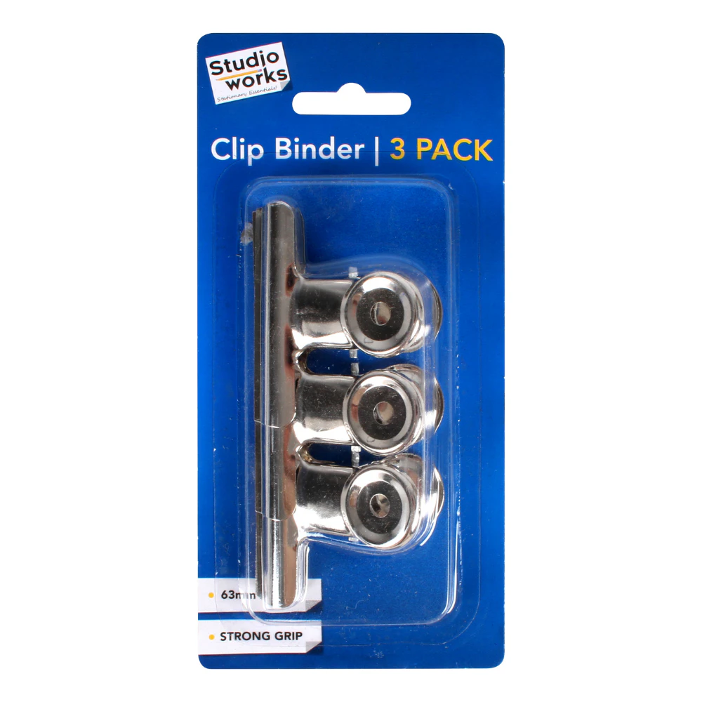 3pce Document Clip Binders 63mm, Strong Grip Steel Stationery Value Pack