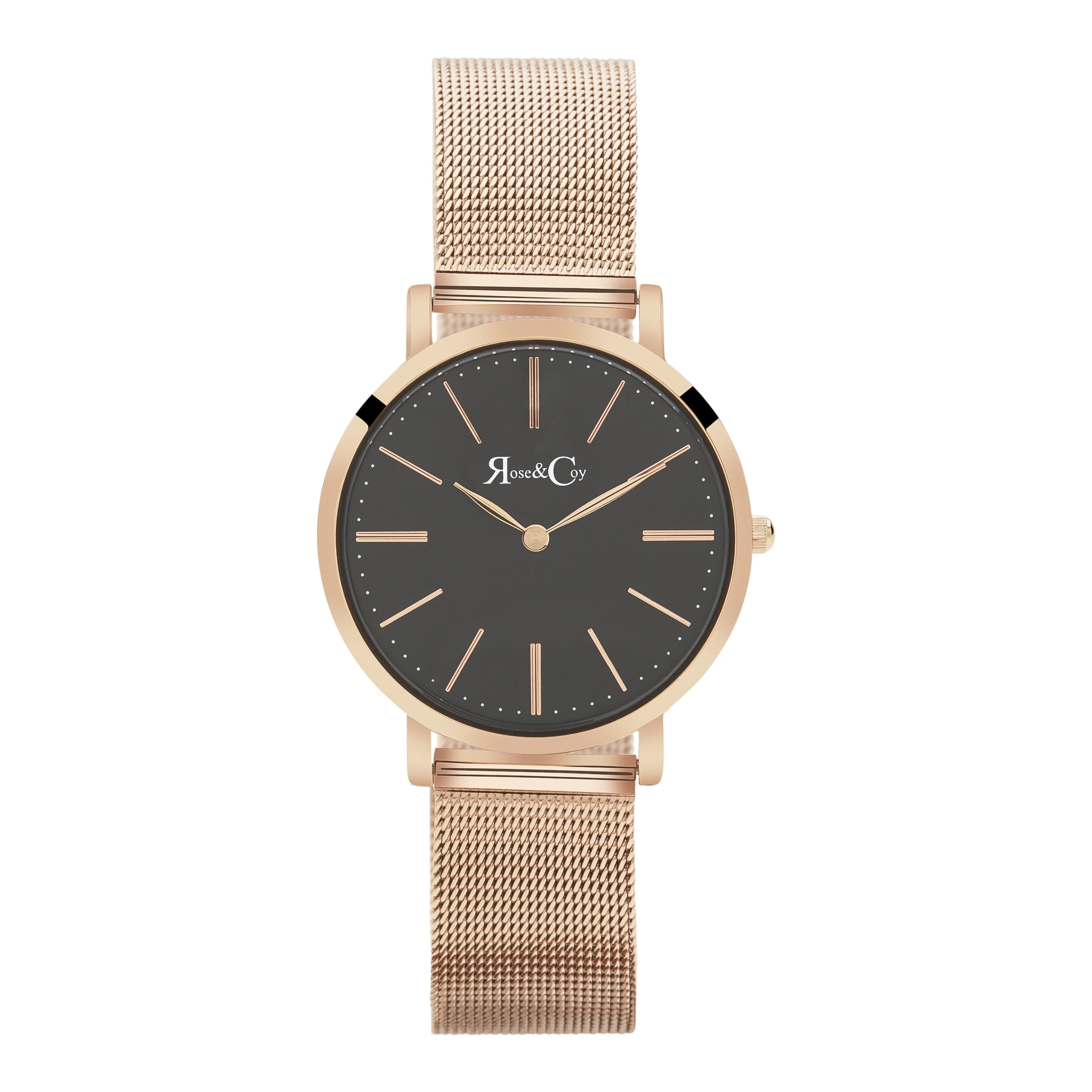 Rose & Coy Mini Pinnacle Ultra Slim 34mm Rose Gold Black Dial | Mesh Strap Watch