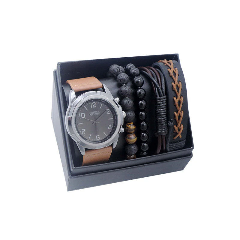 Men's Republic Sleek Stylish Watch With 4 Bracelets Black/Brown Gift Box Set