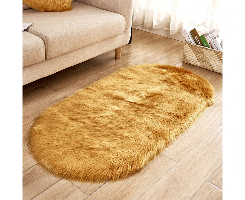 Oval-Shaped Artificial Wool Fur Soft Plush Rug Carpet - Camel