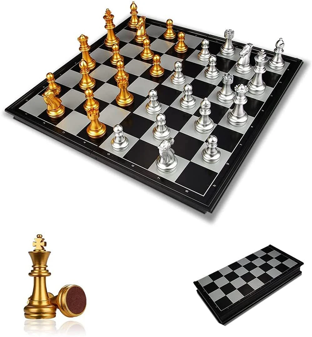 Magnetic Folding Gold and Silver Travel Chess Set, Classic Chess Board Game