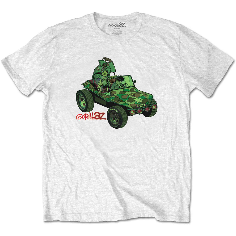 Gorillaz - Green Jeep Unisex Large T-Shirt - White