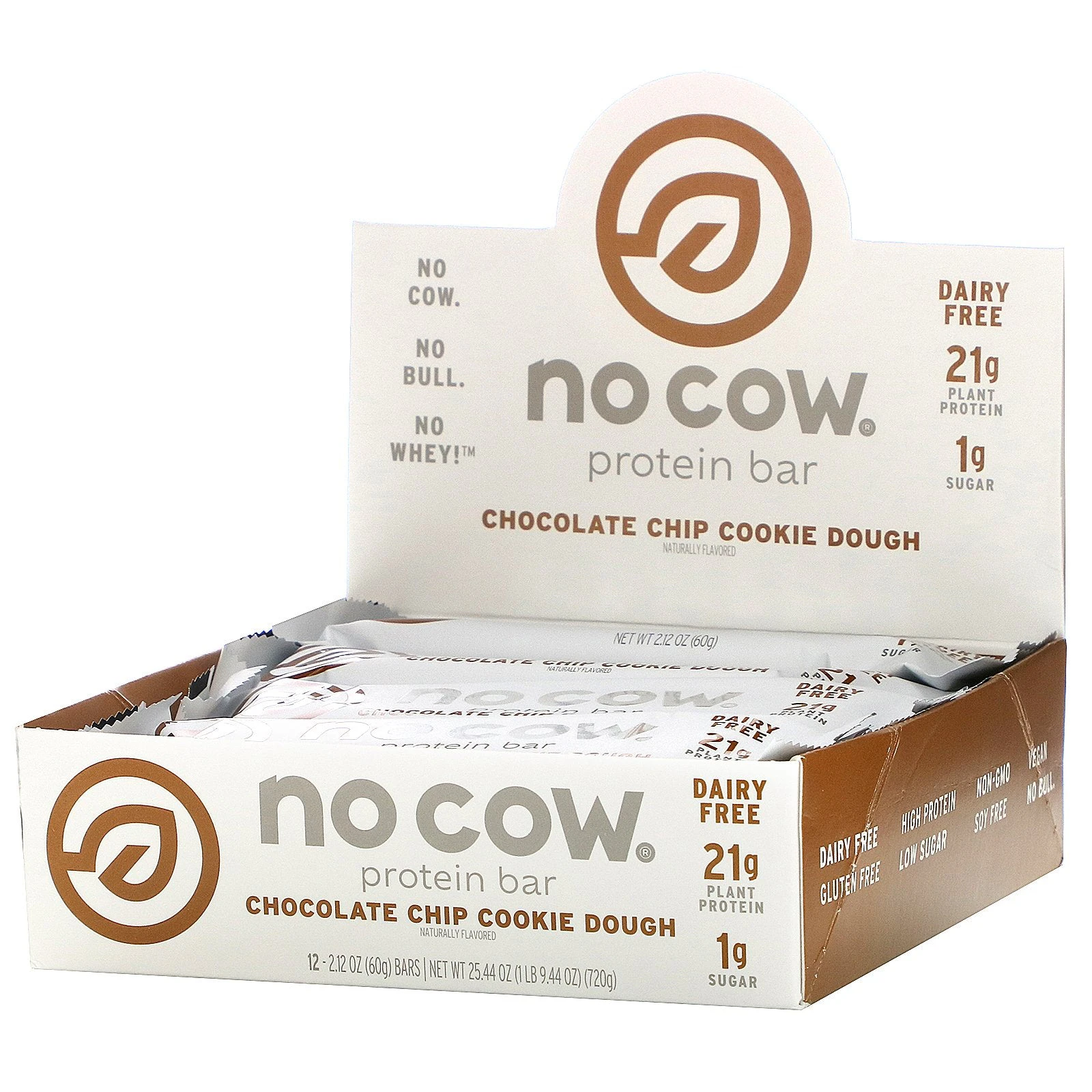 No Cow, Protein Bar,  Chocolate Chip Cookie Dough, 12 Bars, 2.12 oz (60 g) Each