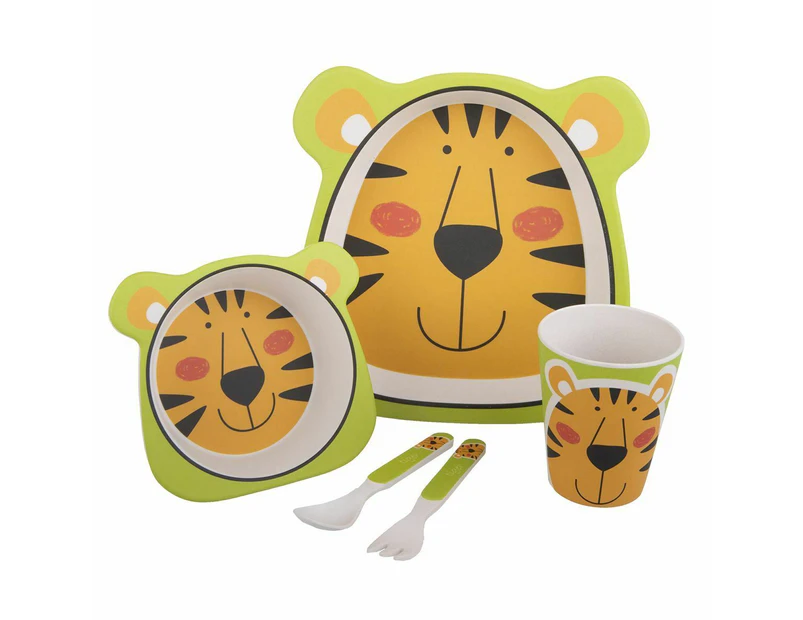 Tiger Bamboo Kids Meal Time Set Spoon Plate Fork Children Kid 5 pieces