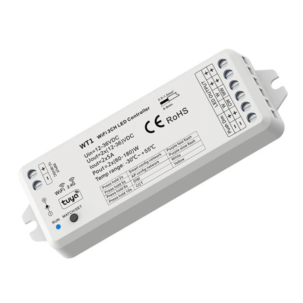 CROWN LIGHTING WIFI & RF 2.4GHz CCT 2CH LED Controller - TUYA APP Cloud Control