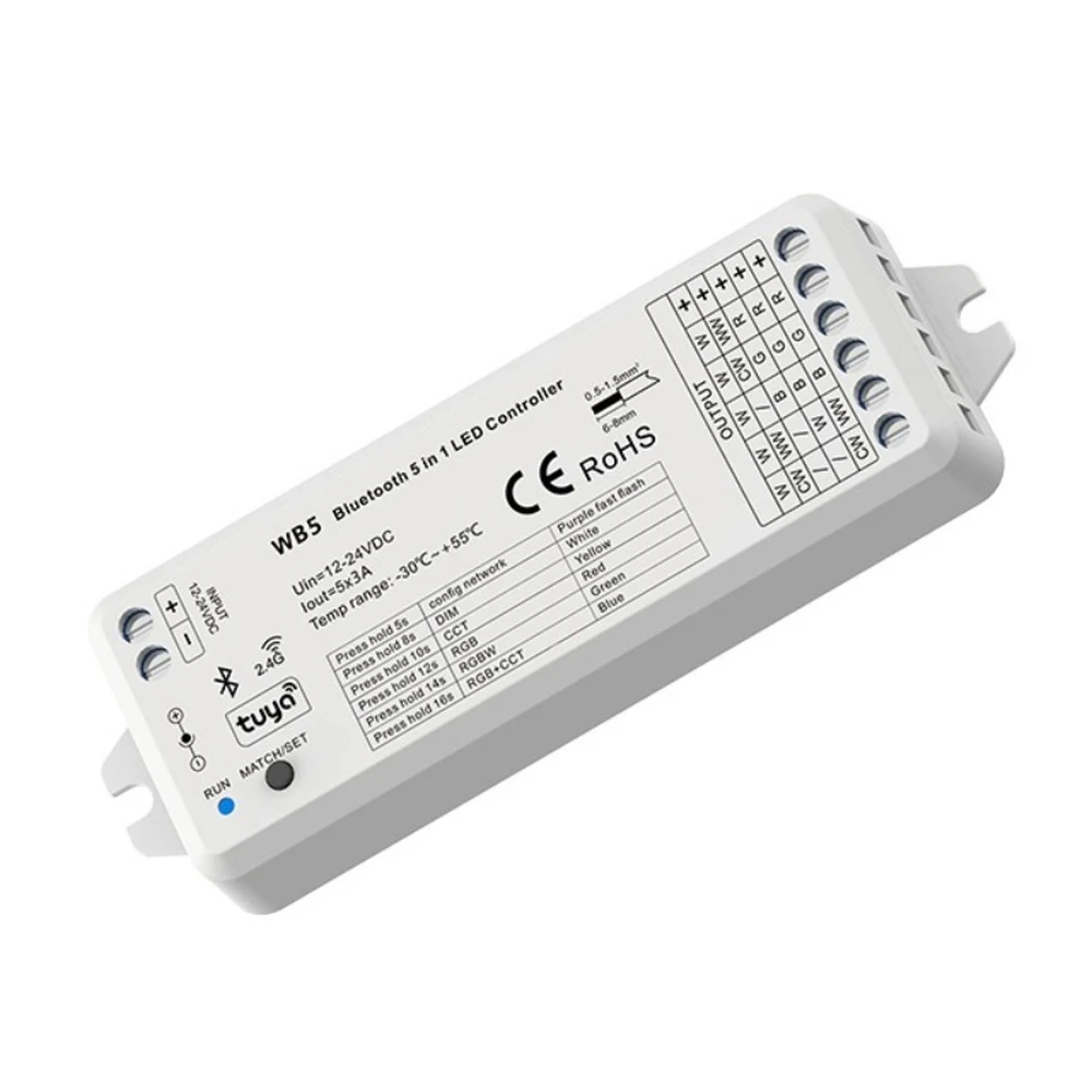 CROWN LIGHTING Bluetooth & RF 2.4GHz 5 in 1 RGB CCT 5CH LED Controller - TUYA