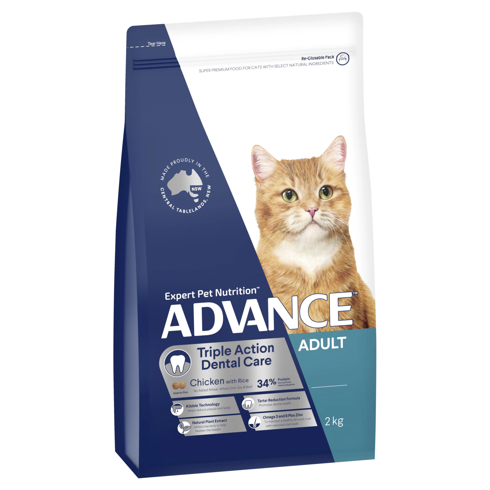 Advance  Adult Triple Action Dental Care Dry Cat Food Chicken w/ Rice 2kg