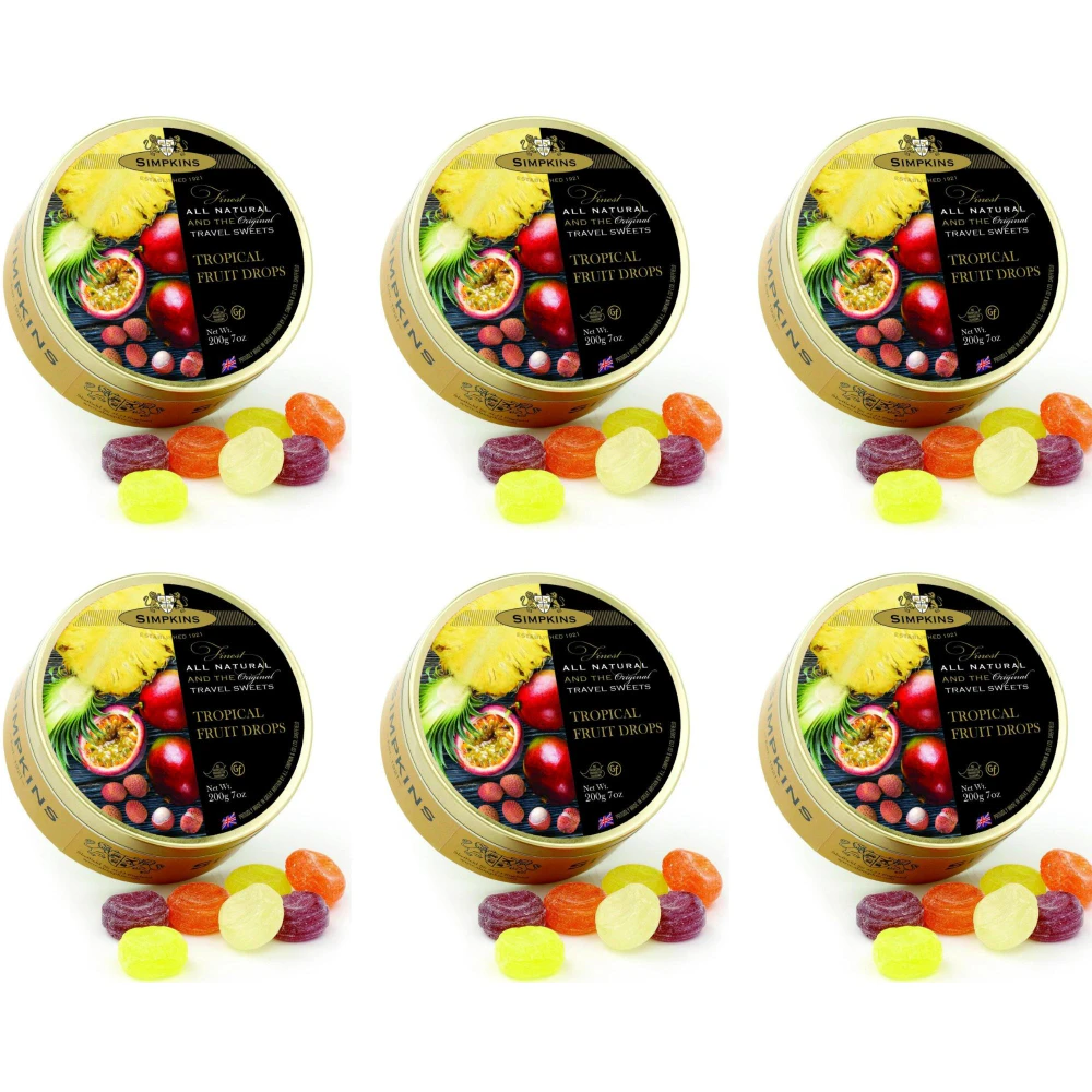 6 x Simpkins Tropical Fruit Drops 200g Tin Sweets Candy Lollies