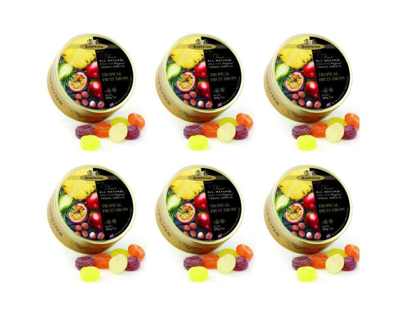 6 x Simpkins Tropical Fruit Drops 200g Tin Sweets Candy Lollies