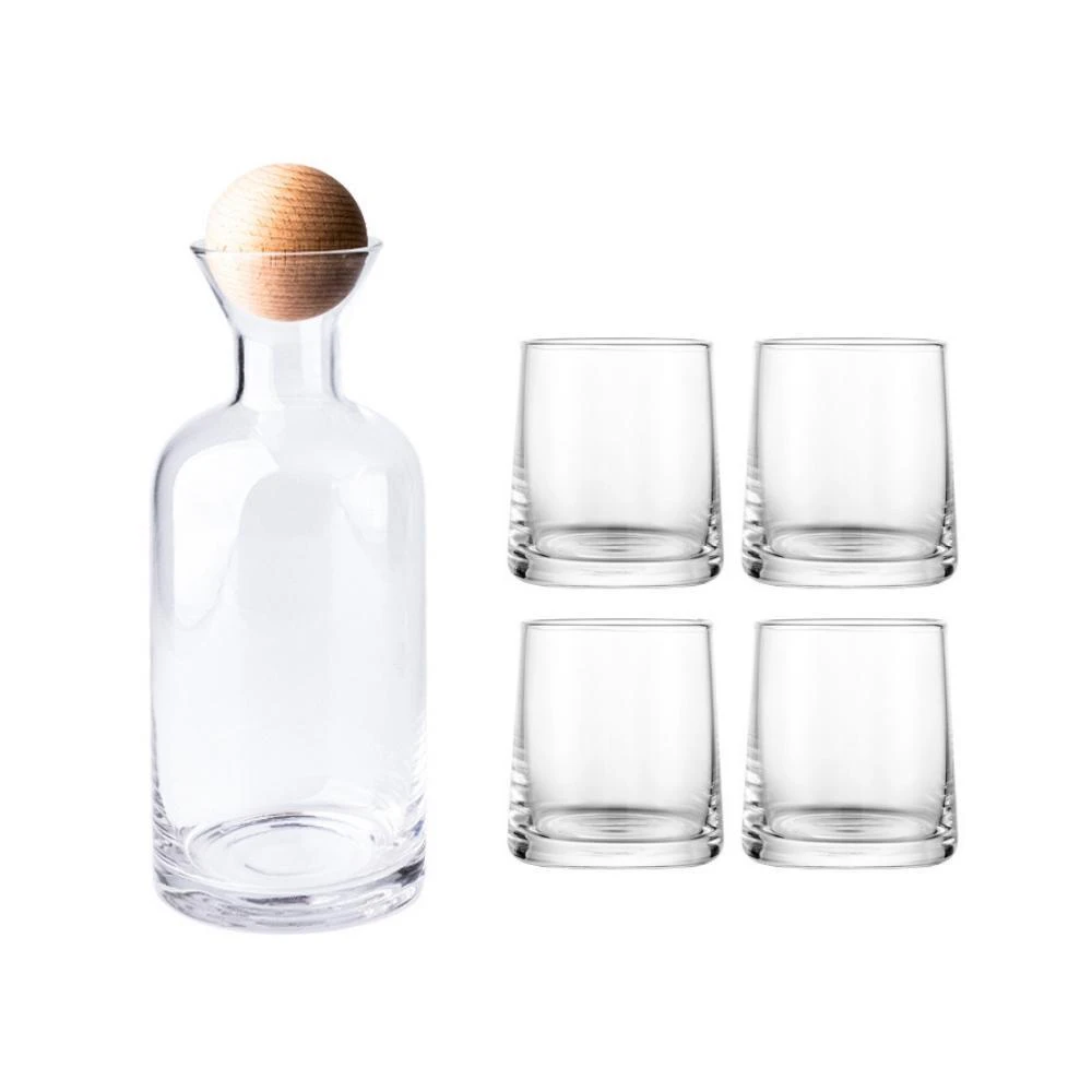 Gracewood Clear Glass Carafe Wood Stopper & 4 Tumblers