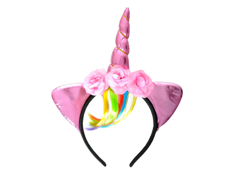 Metallic Pink Unicorn Horn Headband with Rainbow Fringe - New