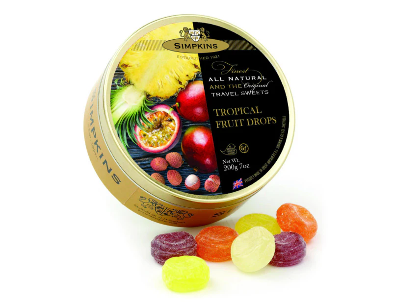 Simpkins Tropical Fruit Drops 200g Tin Sweets Candy Lollies