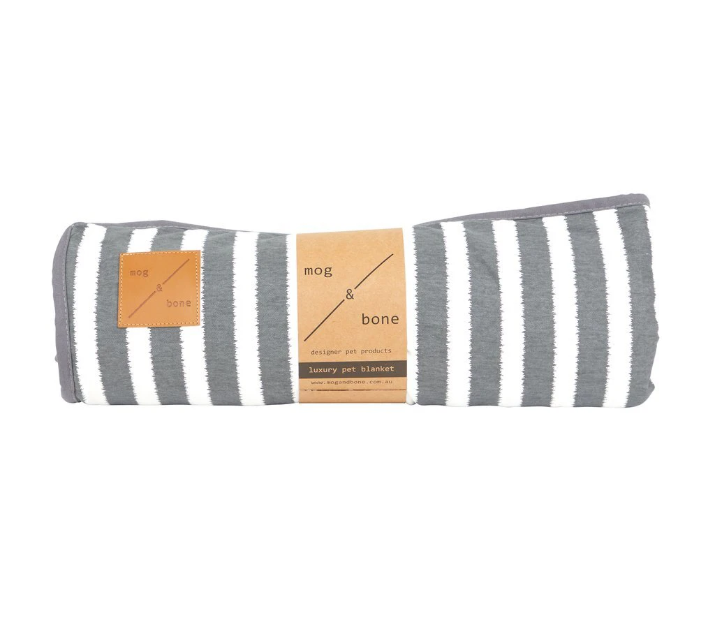 Mog & Bone Fleece Reversible Dog Blanket Charcoal Hamptons Stripe Print