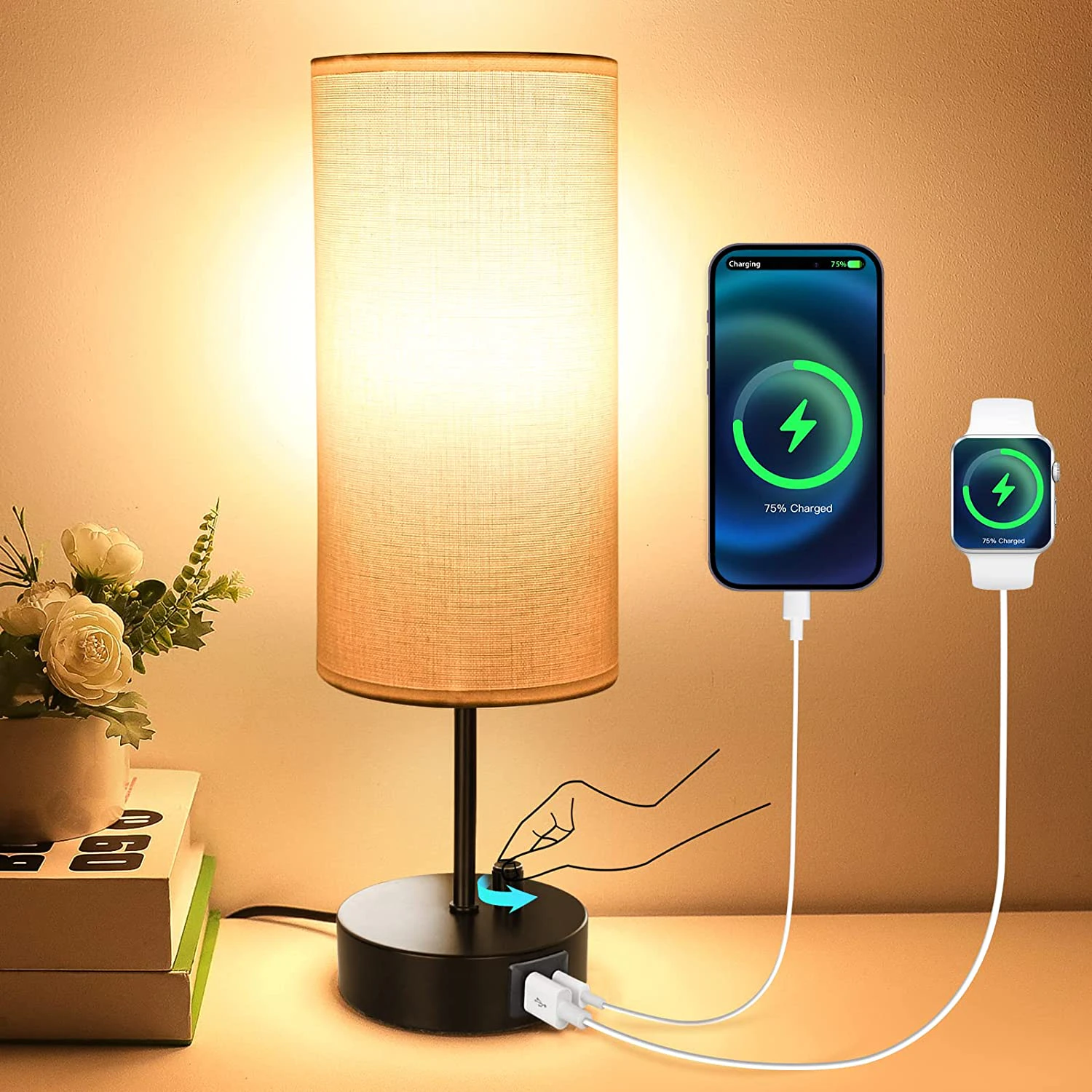 Touch Control Bedside Table Lamp with Dual USB Charging Port 3 Way Dimmable Fabric Shade Light for Bedroom Home Decoration - White