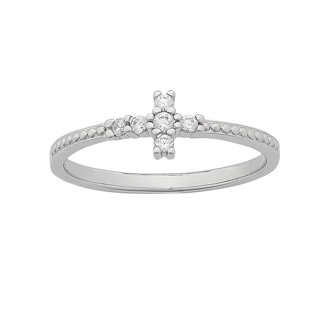 Bevilles Sterling Silver beaded Cross ring with Cubic Zirconia