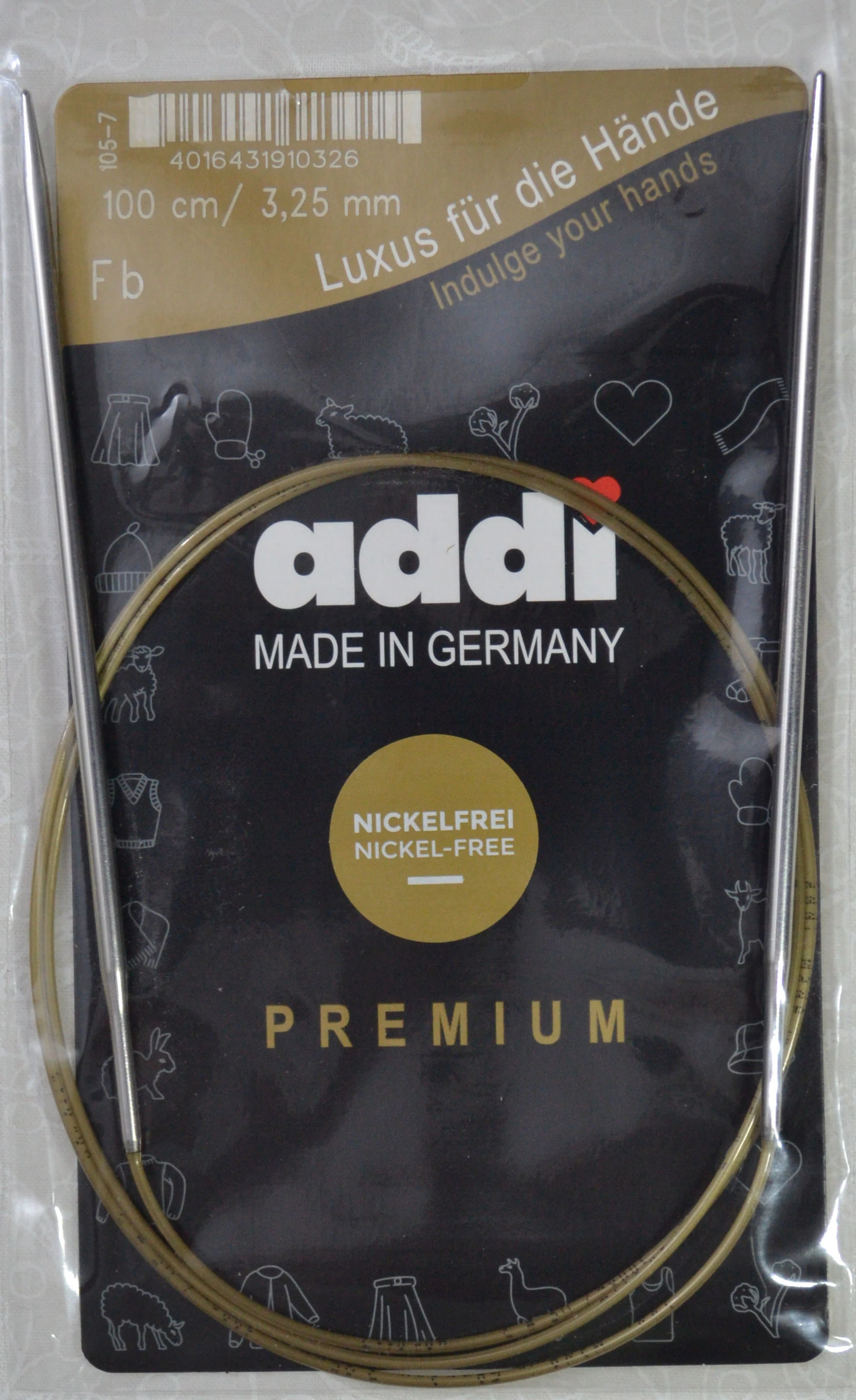 Addi Circular Knitting Needle 100cm x 3.25mm, Smooth White Brass Tips, Gold Cords