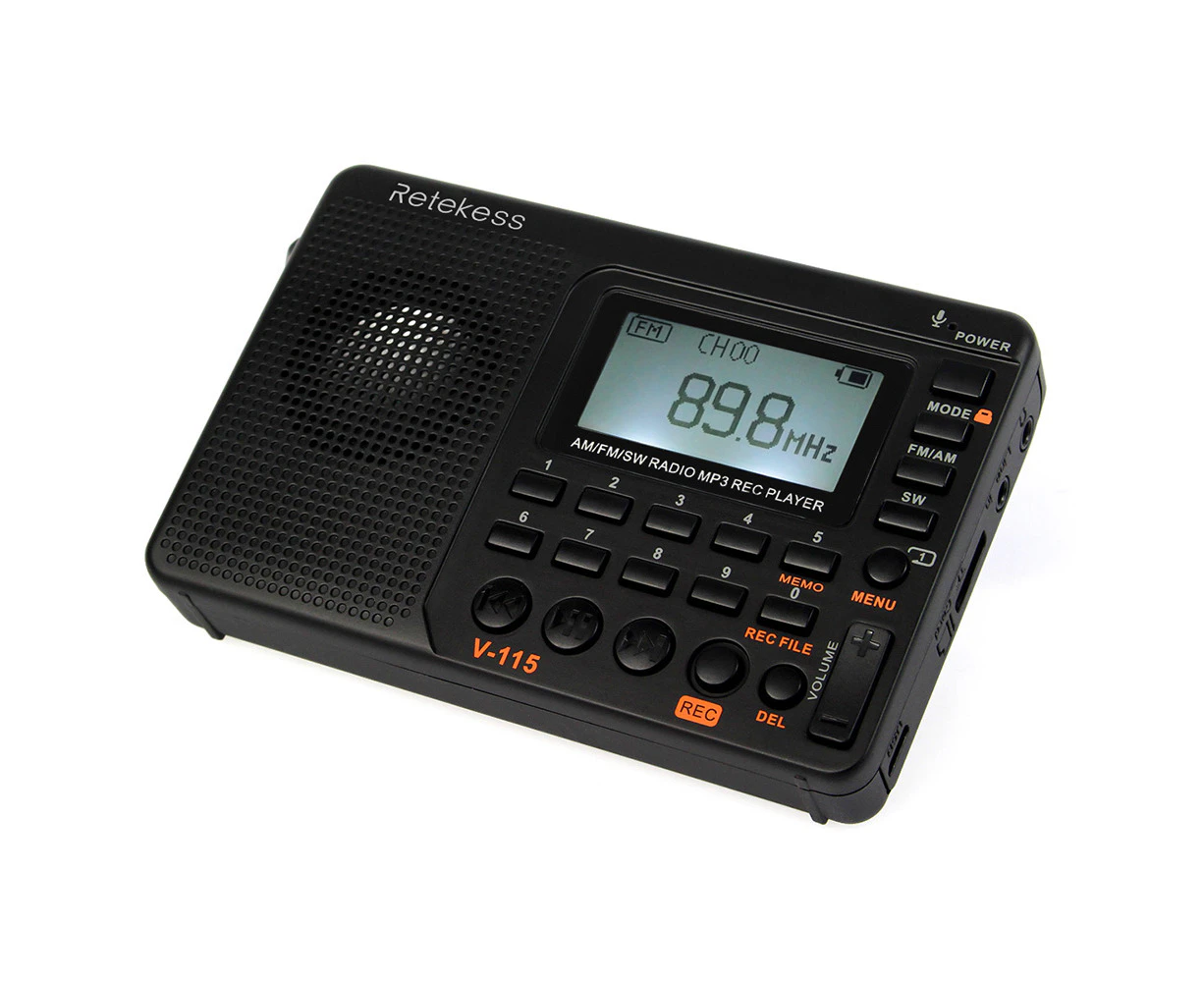 Retekess V-115 FM/AM/SW Radio Multiband Radio Receiver REC Recorder Bass Sound MP3 Player Speakers with Sleep Timer Black