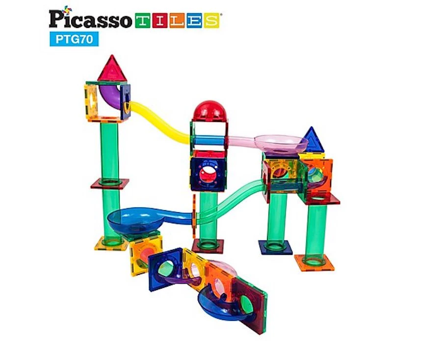 PicassoTiles® 70 Piece Marble Run PTG70 - Clear Magnetic 3D Building Blocks