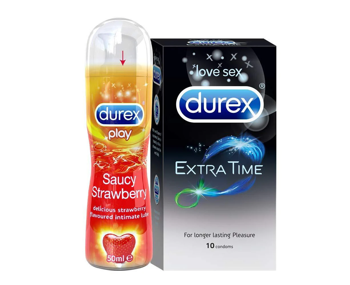 Durex Strawberry 50ml, Extra Time 30s -Pleasure Packs