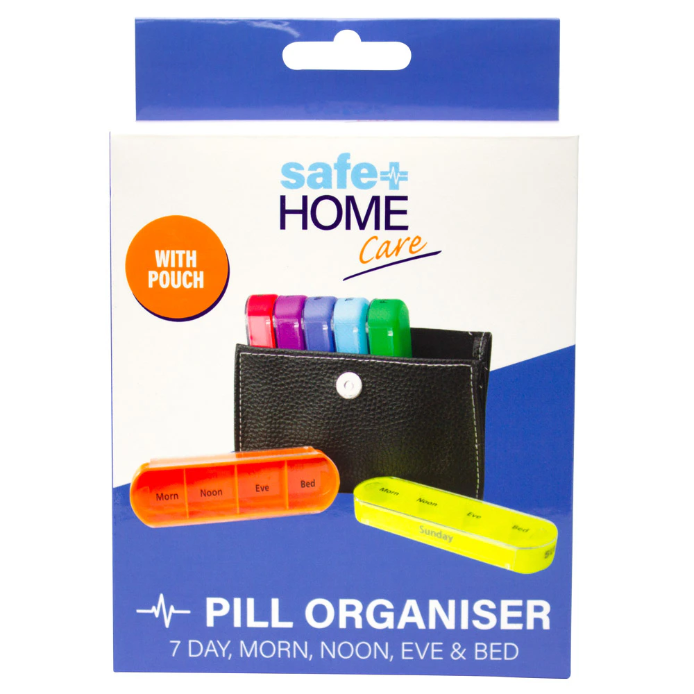 Safe Home Care 7 x Daily Pill Boxes Morn Noon Eve Bed w/ Pouch 13.5 x 11.5 x 4.5cm