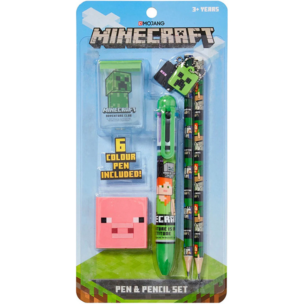 5pc Minecraft 6-Coloured Pen & Pencil/Eraser/Sharpener Kids Stationery Set 3y+