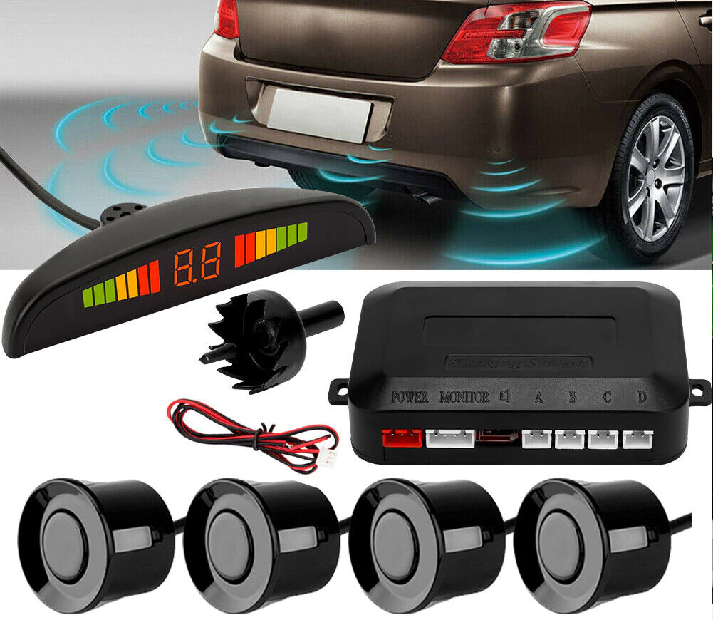 4 Parking Sensors LED Display Car Reverse Radar System Alarm Kit Black