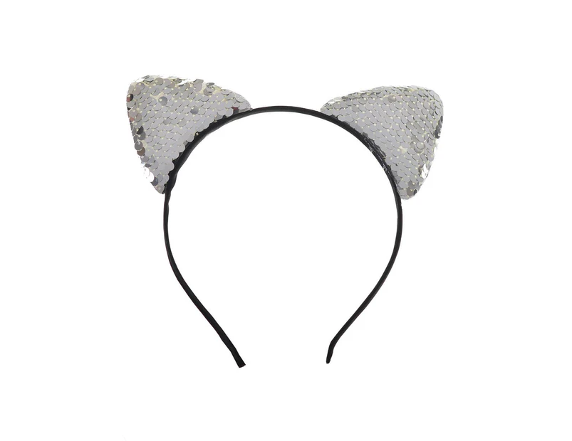 Sequinned Silver Cat Ears Headband Costume Accessory