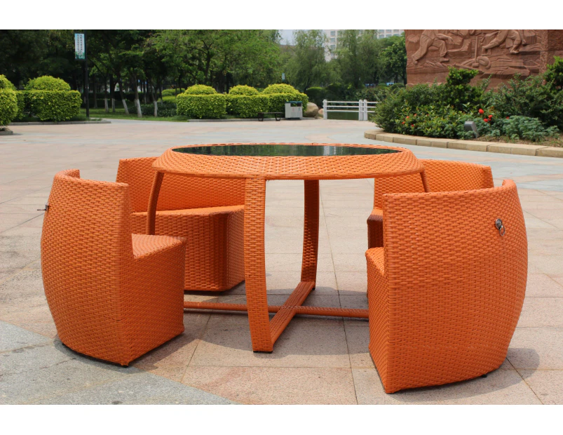 Outdoor Deluxe Table Chair Set Wicker Compactable Lounge Bistro Patio Garden Glass Top - Orange