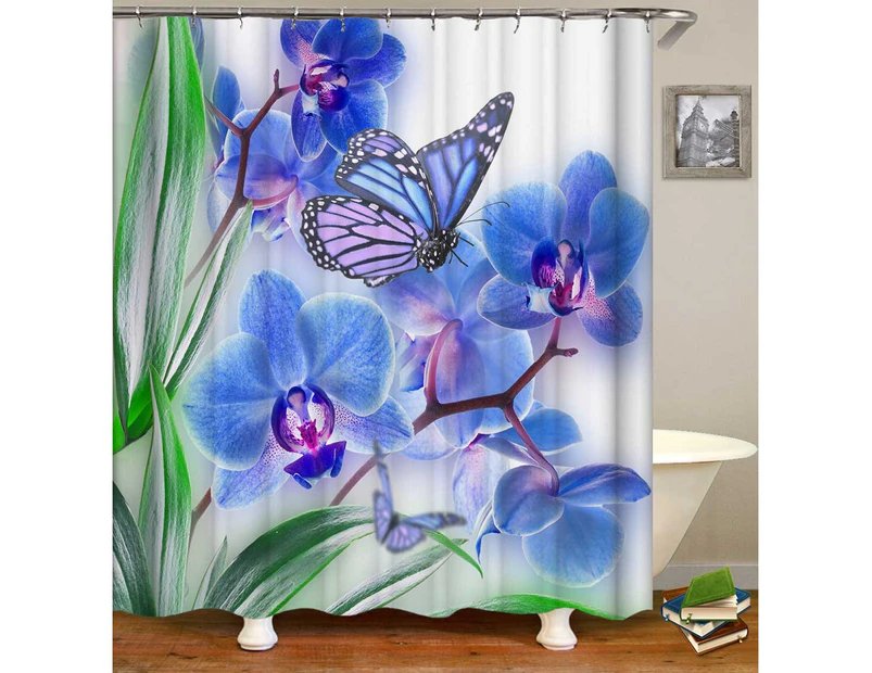Bluish Floral and Butterfly Shower Curtain