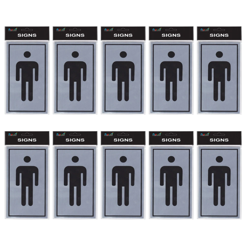 10pce Male Toilet 15cm Signs Set Silver/Black Brushed Steel Self Adhesive