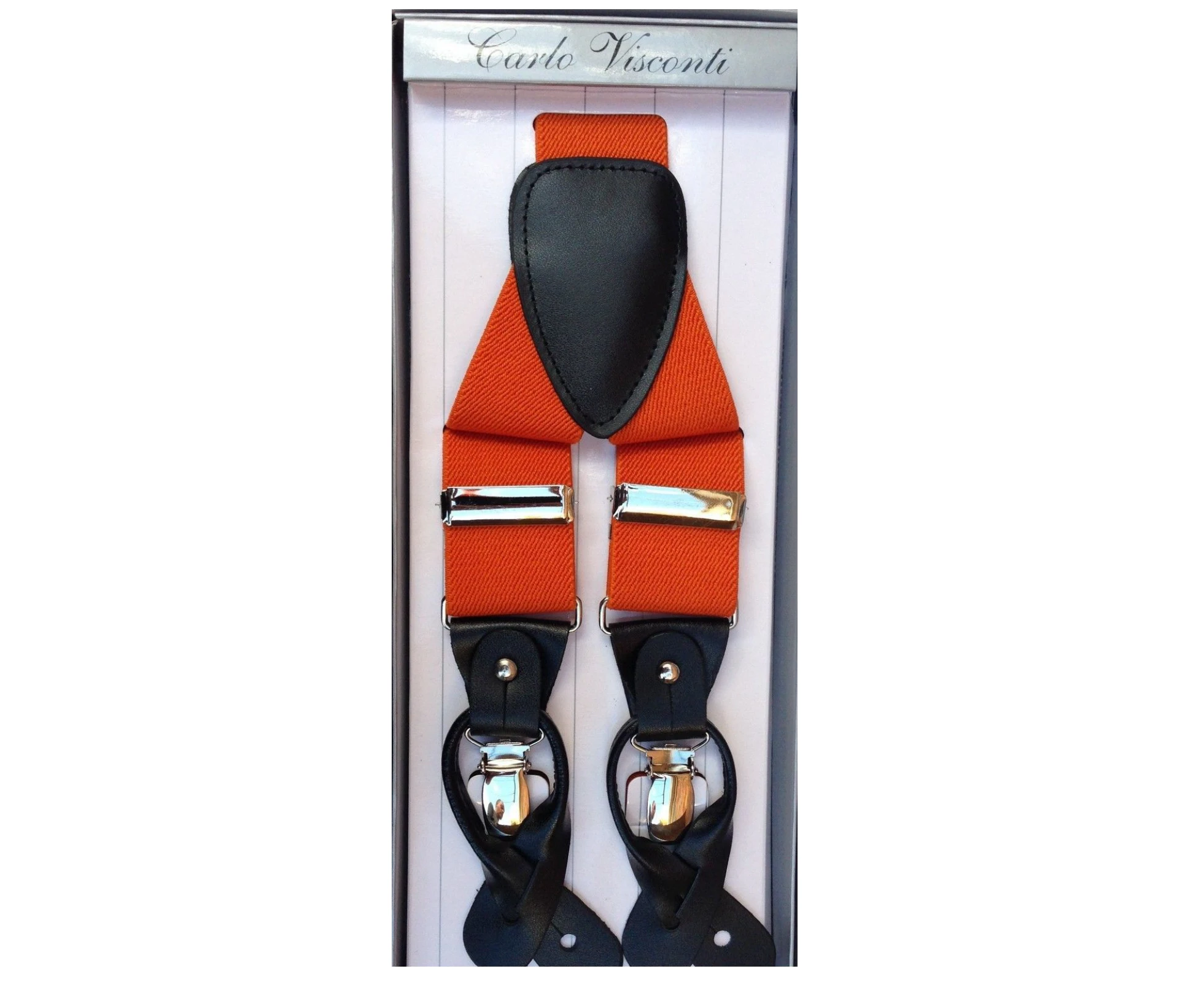 Mens Premium Convertible Suspenders Braces Clip On Elastic Y-Back Traditional Leather Tab - Orange