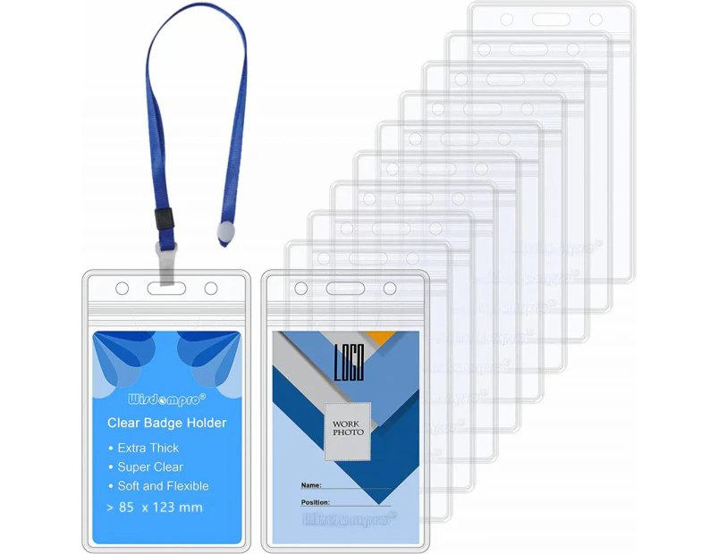 10 Pack Vertical ID Card Badge Holder with Blue Lanyards, Waterproof Clear PVC Key Card Sleeve Case Plastic Wallets with Resealable Zip