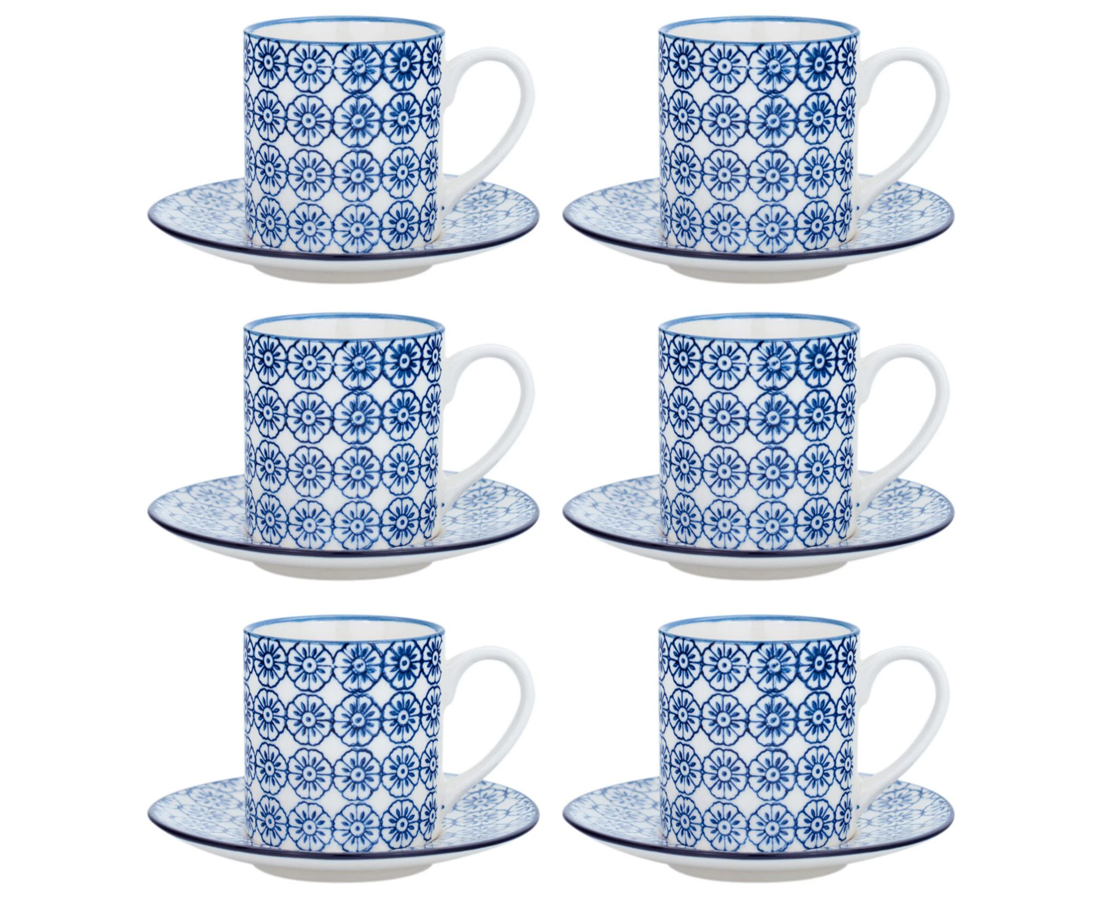 Nicola Spring Patterned Espresso Cup and Saucer Coffee Set - Blue Flower Print, 65ml - Set of 6