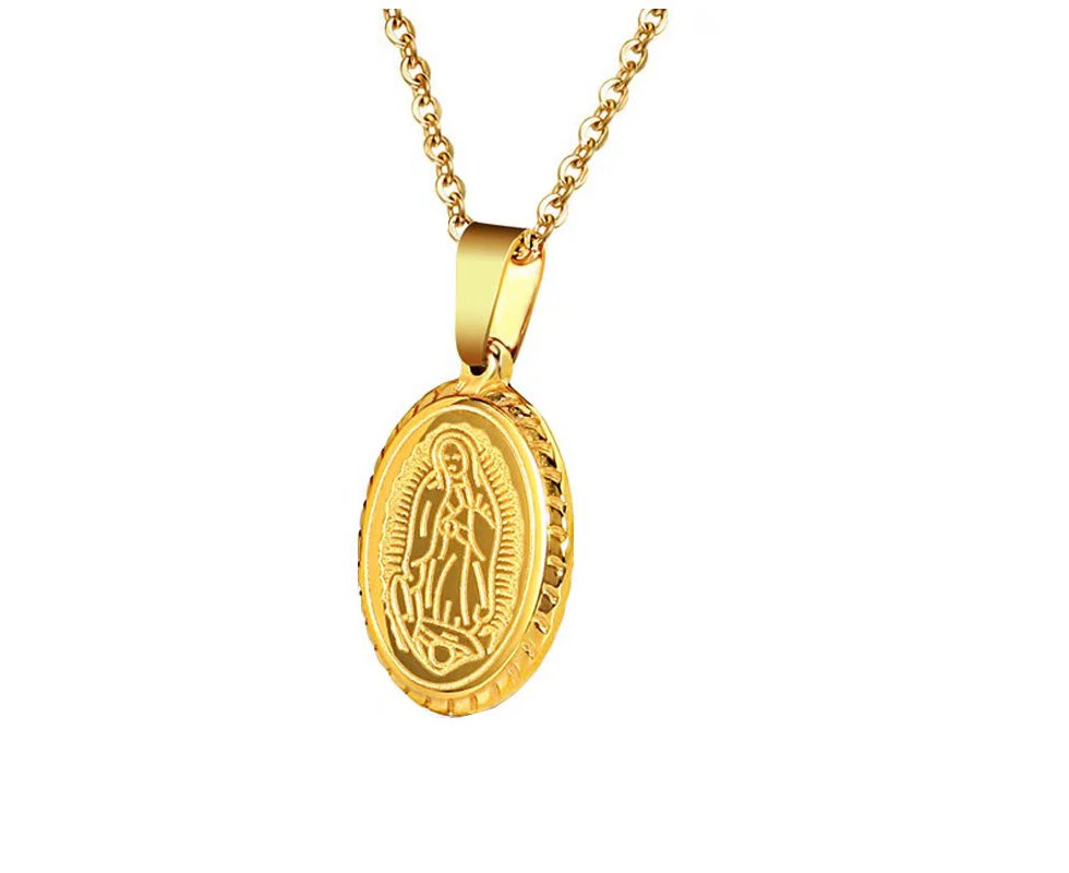 Virgin Mary Oval Brand Titanium Steel Pendant Men and Women Hip Hop Euramerican Ins Trendy Gold Coin Necklace