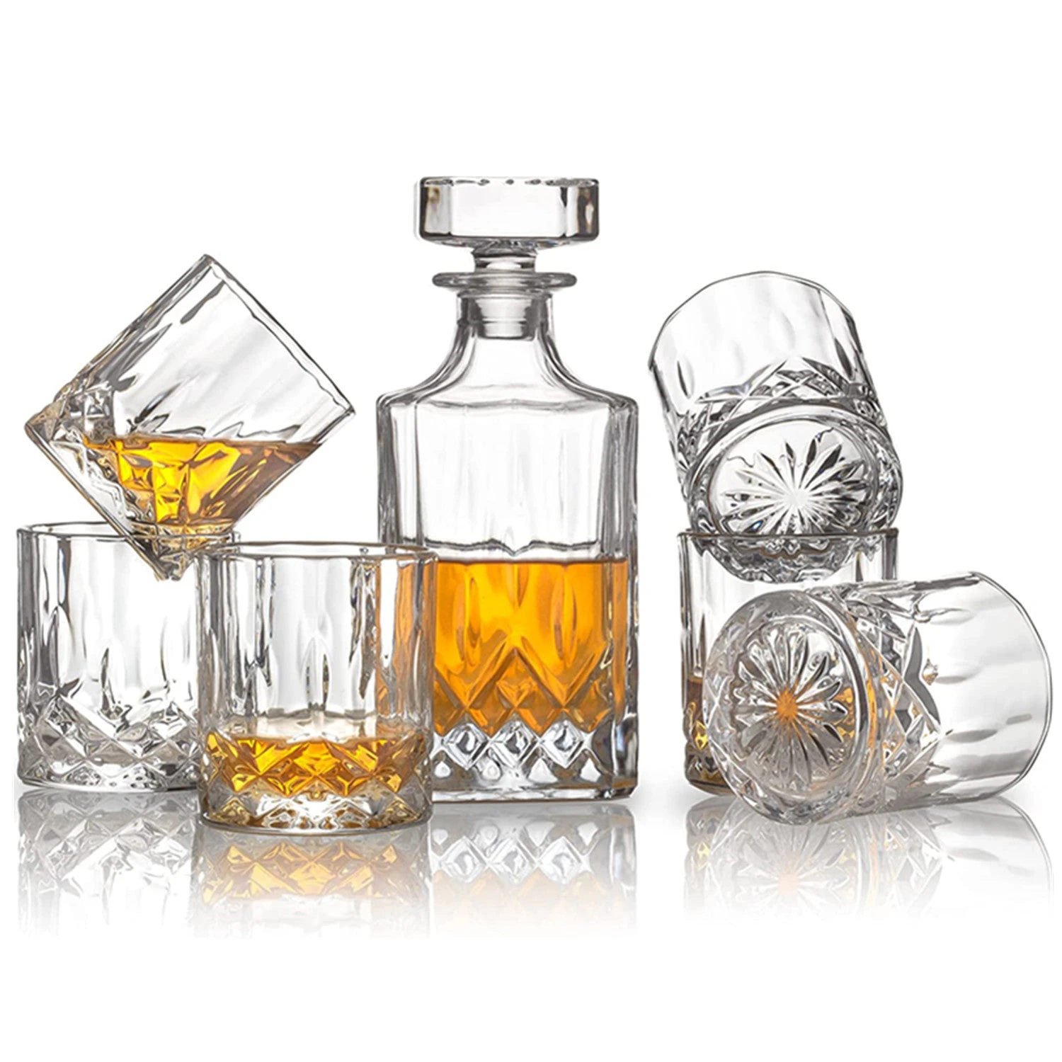 Whiskey Decanter Set, Hand Made Liquor Decanter with 6 Glasses for Scotch, Bourbon or Whisky (7-Piece)