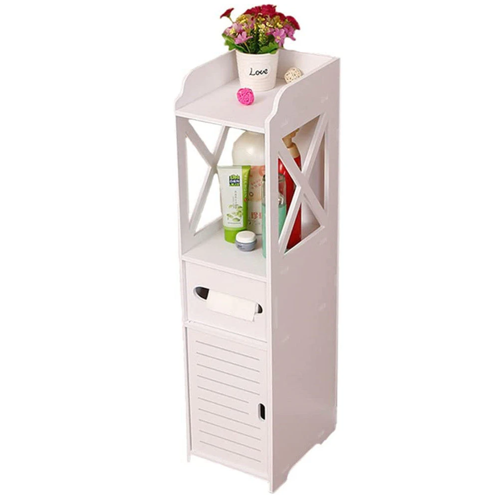 Toilet Paper Roll Holder Stand with Slim Shelf, Small Bathroom Storage Cabinet Narrow Shelf Corner Floor Cabinet