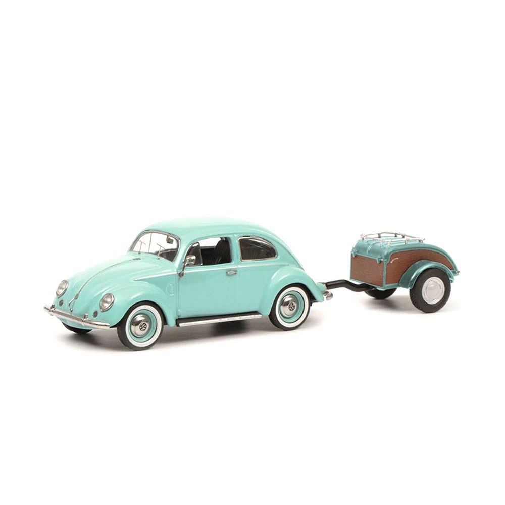 Schuco 1:43 Scale Volkswagen Kaefer Ovali Turquoise With Westfalia Trailer Model Car Blue