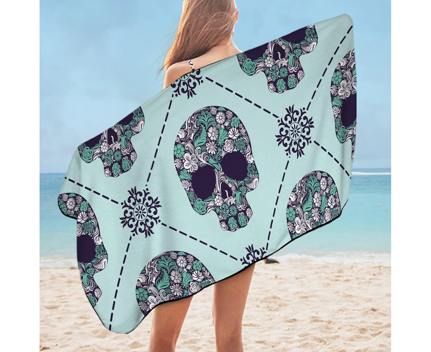 Turquoise Skulls Microfiber Beach Towel